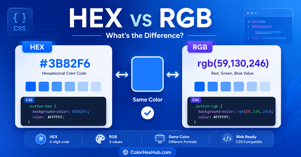 HEX vs RGB color code comparison graphic showing #3B82F6 and rgb(59, 130, 246) values