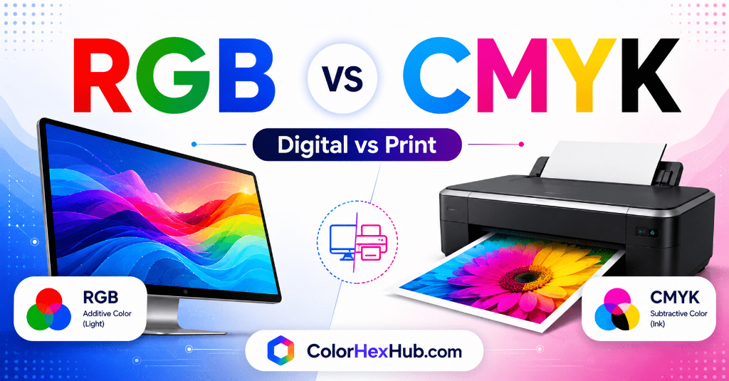 Comparison between RGB and CMYK color models for digital screens and printing featuring glowing monitor and printer output