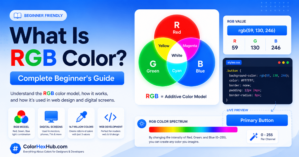 What Is RGB Color beginner guide illustration displaying Red, Green, and Blue light channels, CSS code editor, and color spectrum